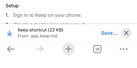 An iPhone browser showing the Save button for the Keep Shortcut download.