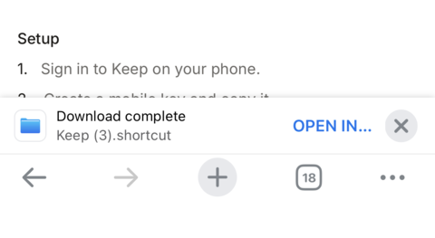 An iPhone browser showing the Open In button after the Keep Shortcut finishes downloading.