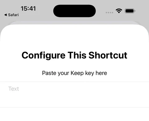 The Keep Shortcut asking for the mobile key on an iPhone.