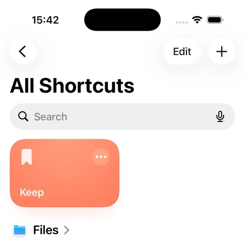 The finished Keep Shortcut with its orange bookmark icon.